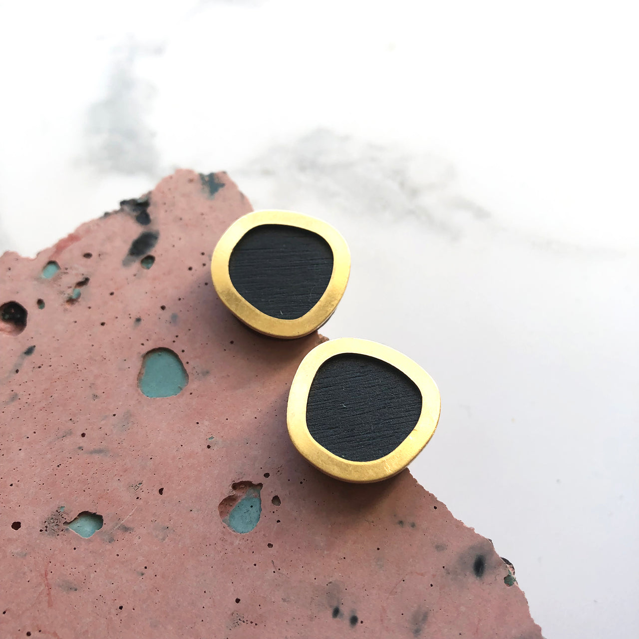 Petrol Blue & Brass Circle Stud Earrings