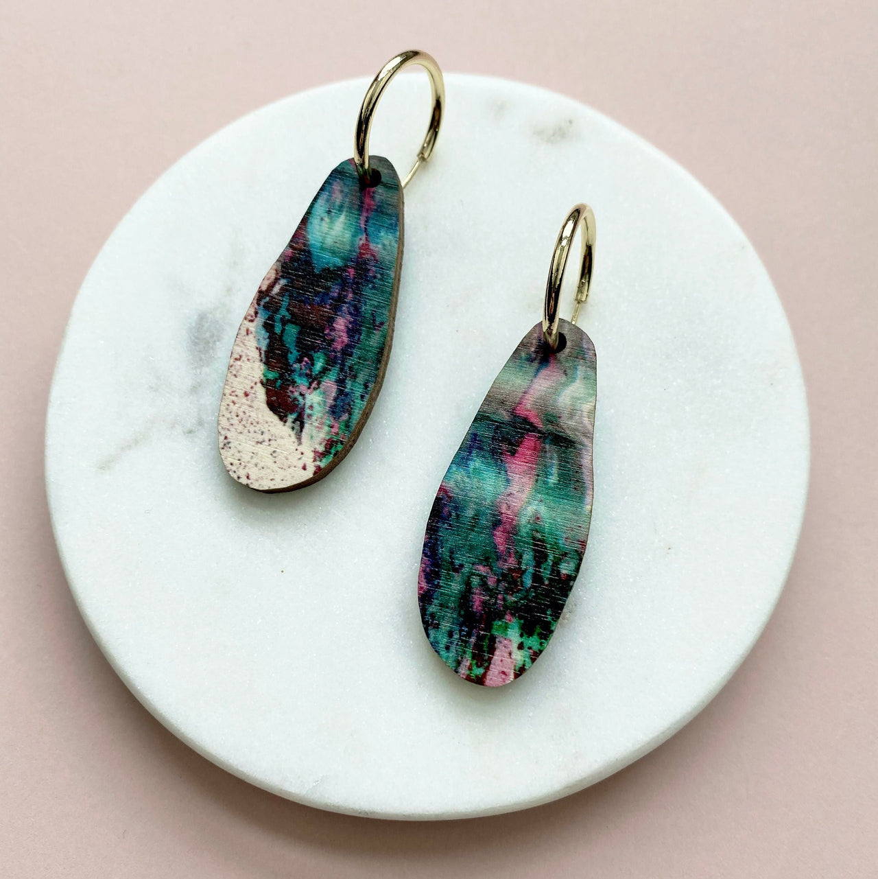 Pink & Teal Marble Hoop Earrings