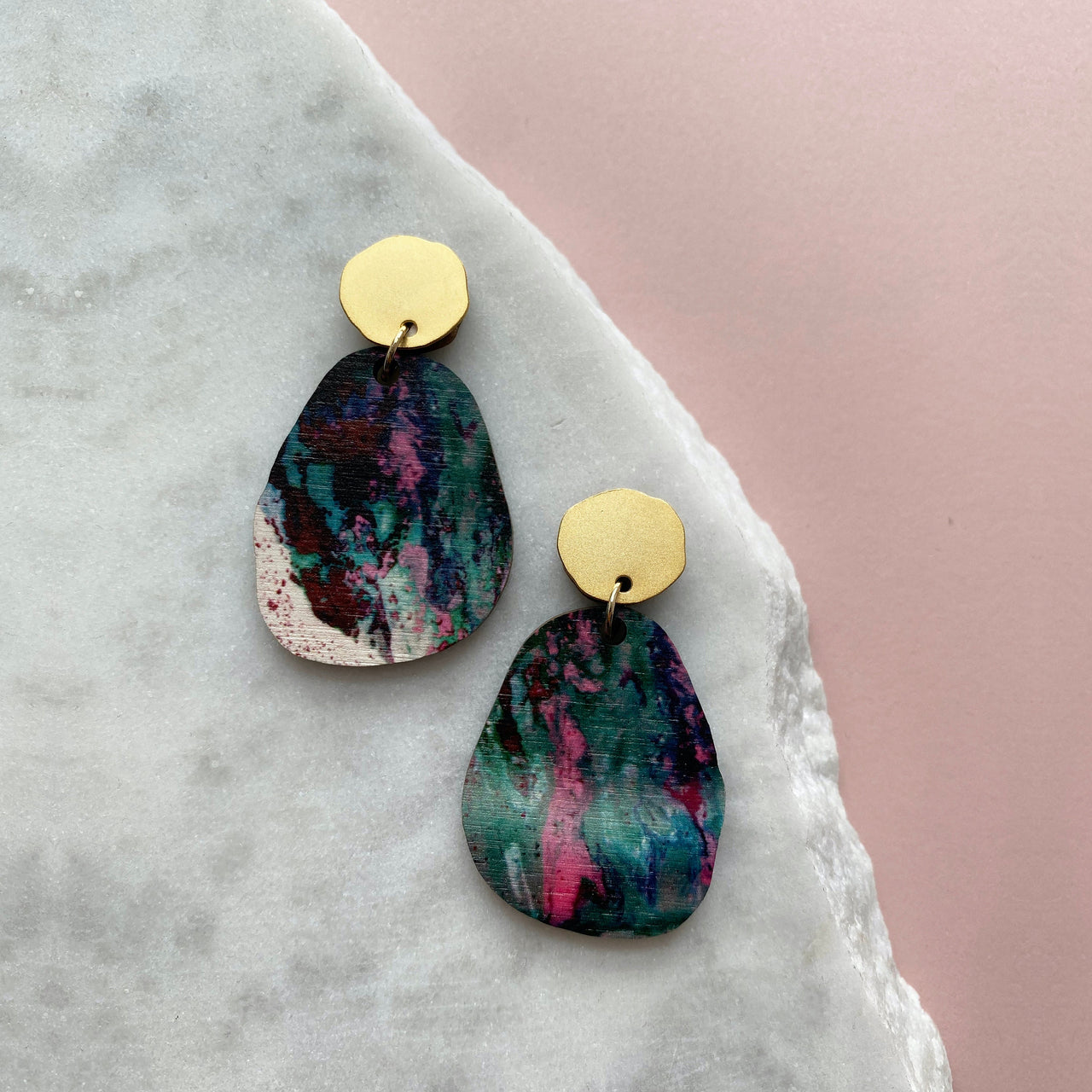 Statement Pebble Drop Studs - Dark Pink & Teal