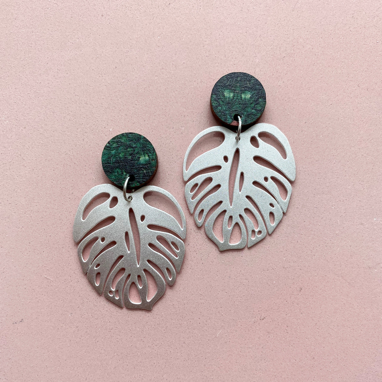 Silver Monstera Drop Stud Earrings