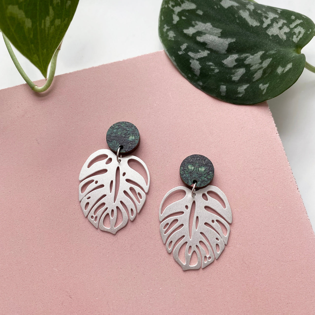 Silver Monstera Drop Stud Earrings