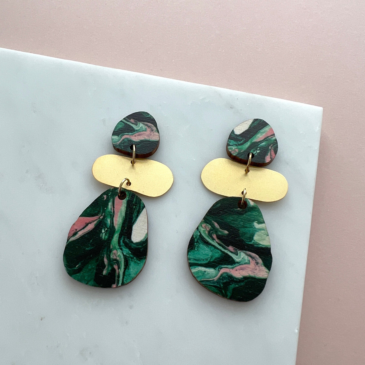 Statement Pebble Drop Stud Earrings - Green, Pink & Gold