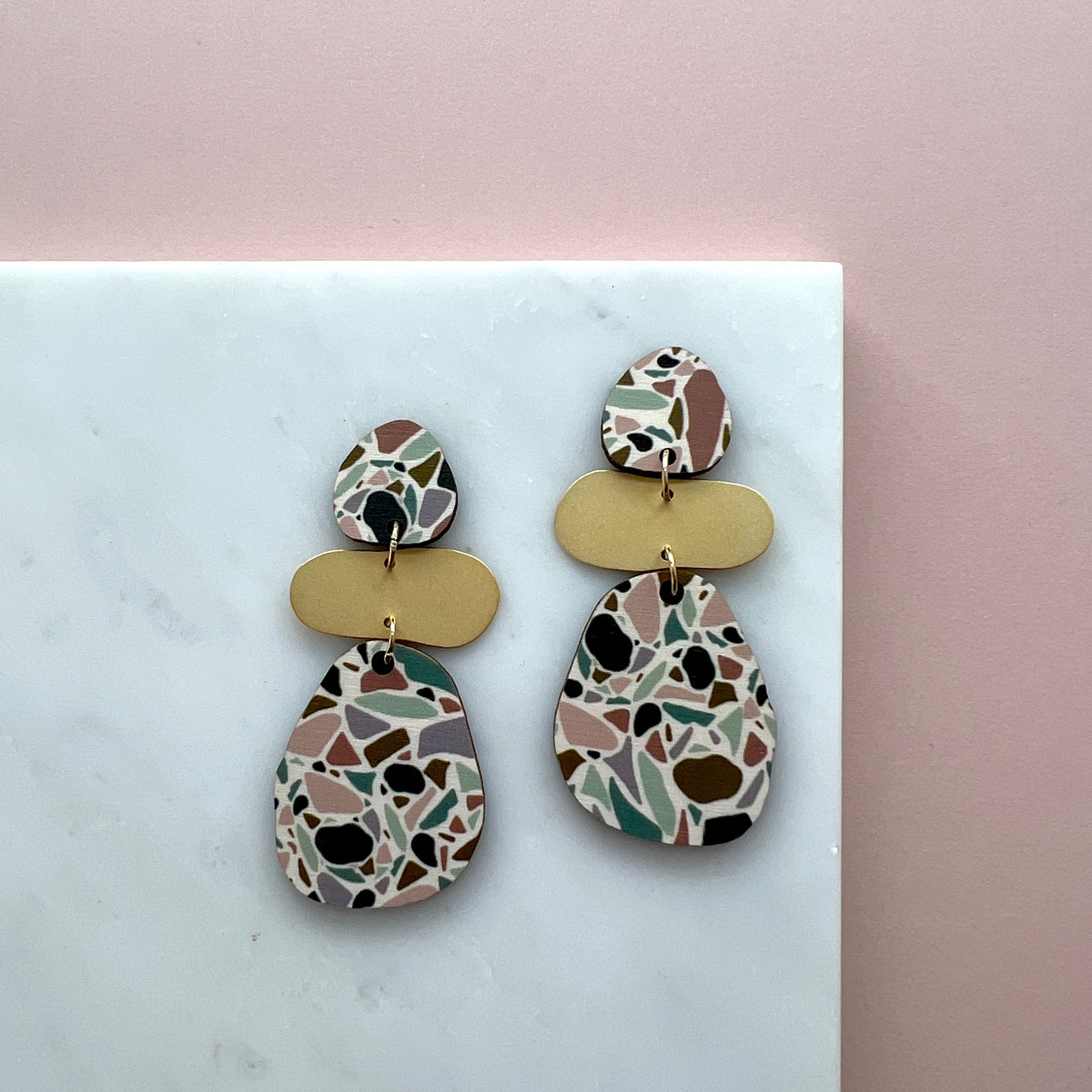 Terrazzo Pebble Statement Drop Studs - Geometric Drop Earrings