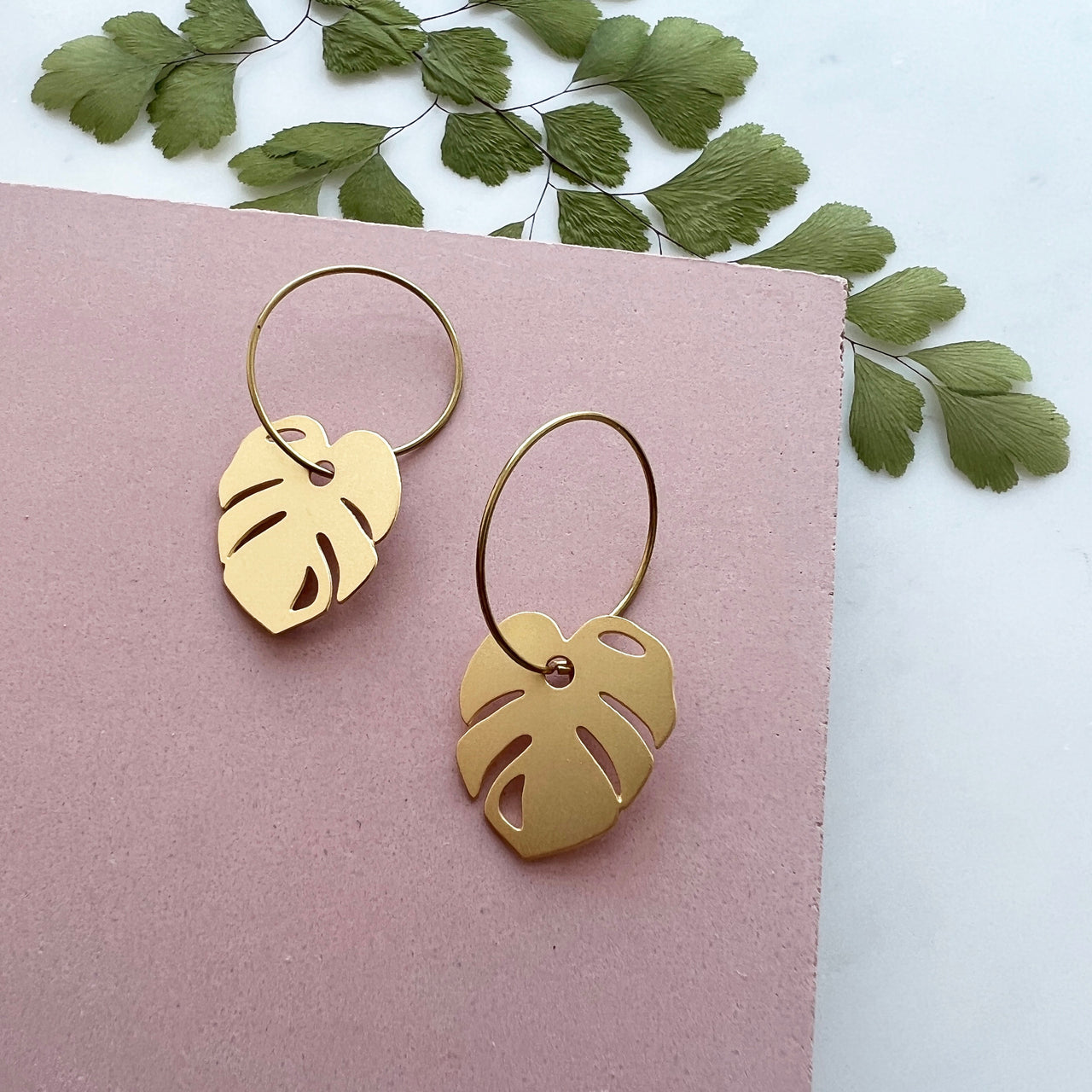 Mini Gold Monstera Hoop Earrings