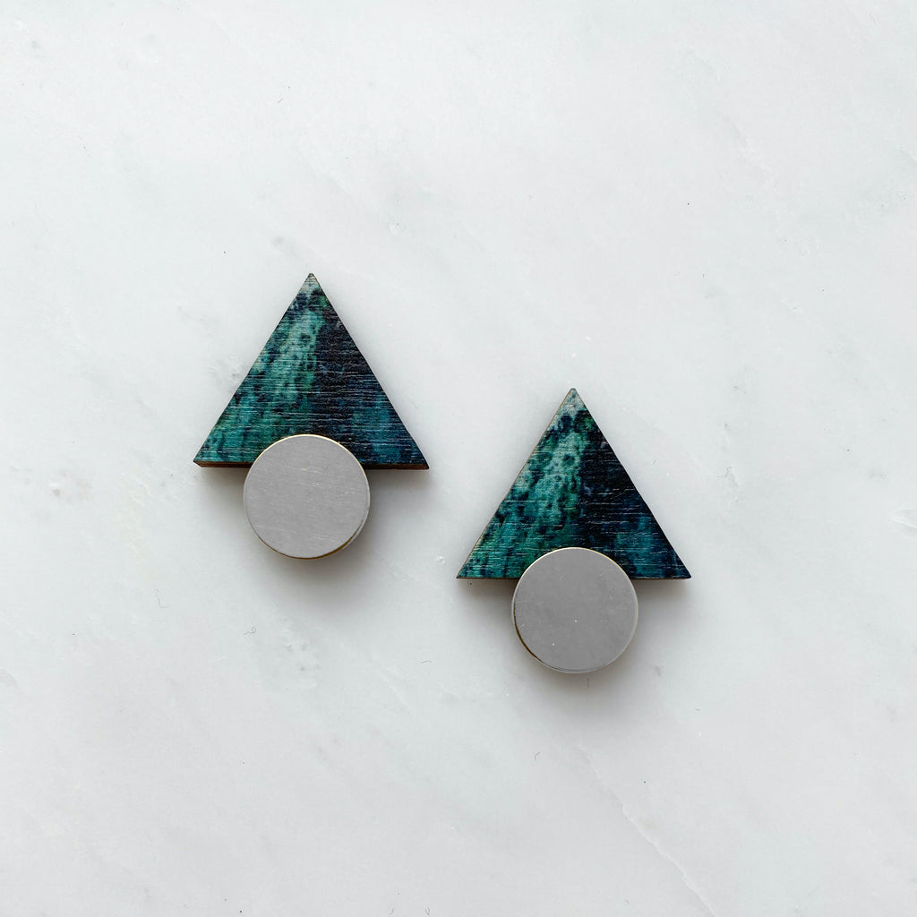 Teal & Silver Triangle Stud Geometric Earrings