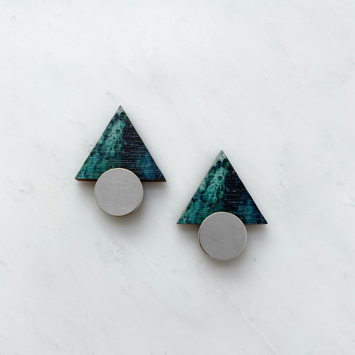 Teal & Silver Triangle Stud Geometric Earrings