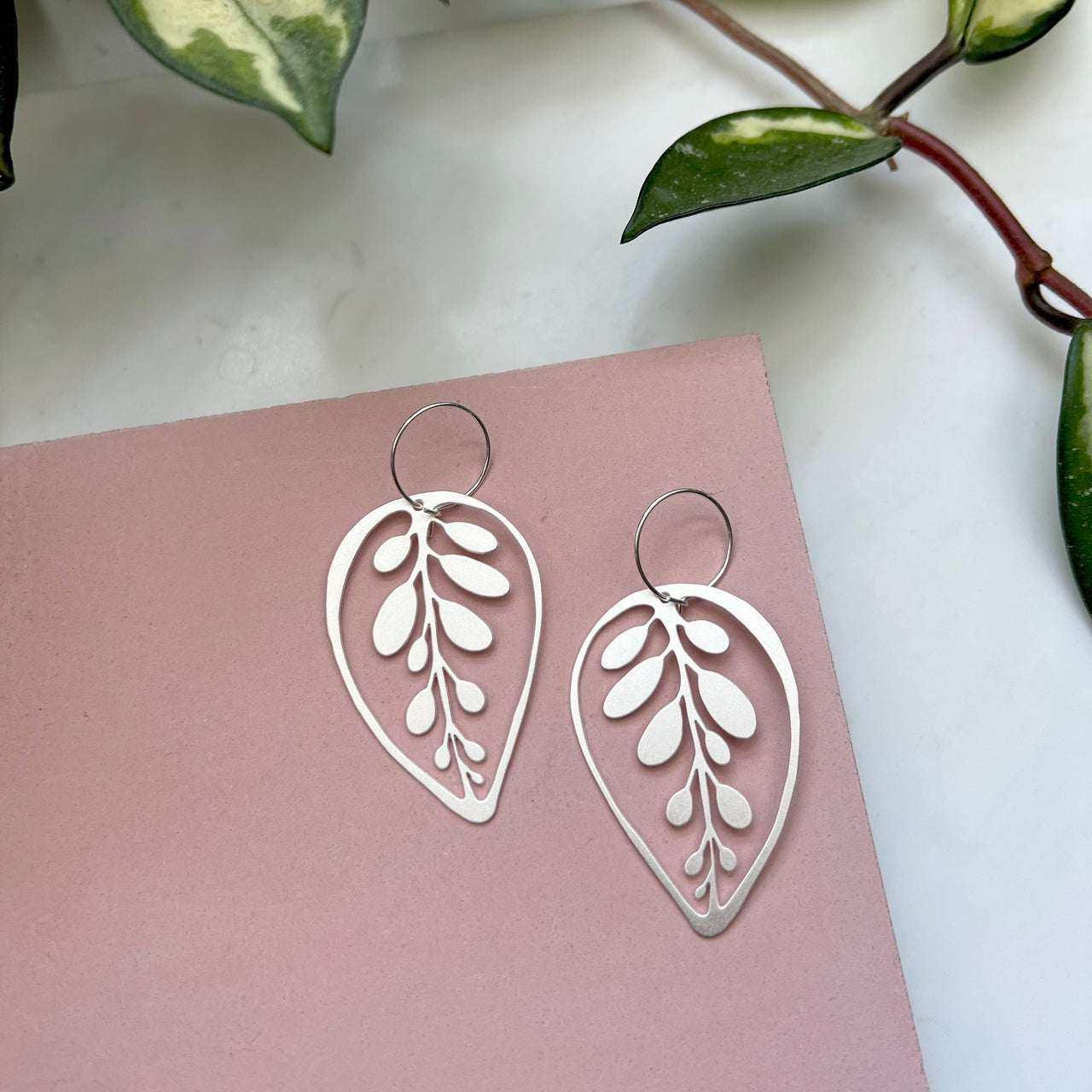 Silver Leaf Hoop Earrings - Calathea Makoyana Earrings