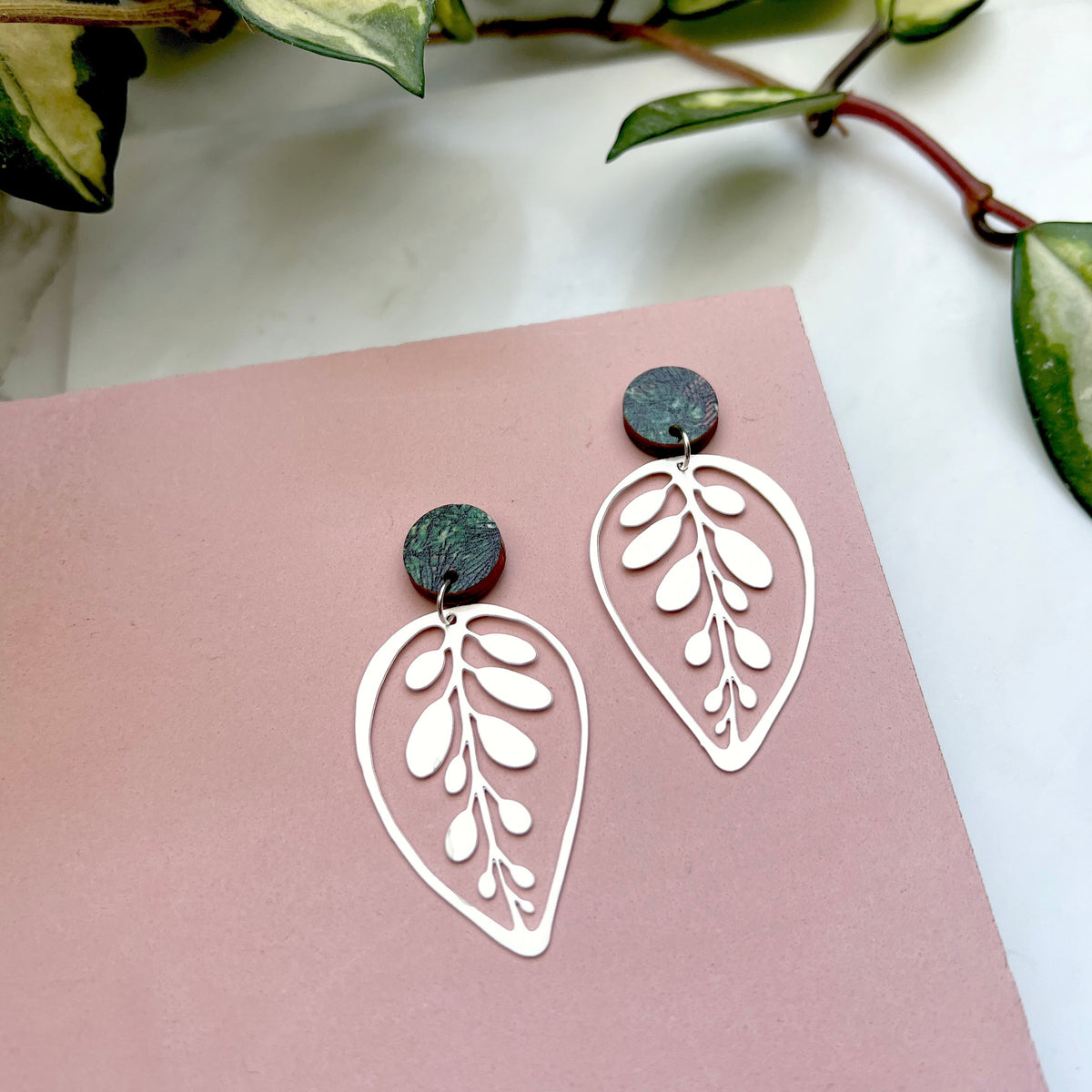 Silver Calathea Makoyana Leaf Drop Studs