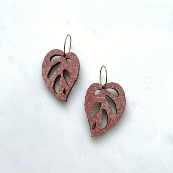 Pink Monstera Obliqua Plant Hoop Earrings