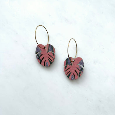 Pink Monstera Plant Hoop Earrings