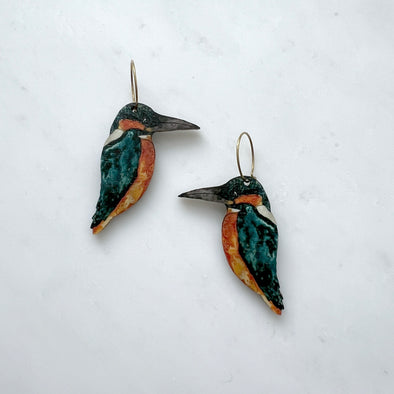 Wooden Kingfisher Bird Hoop Earrings