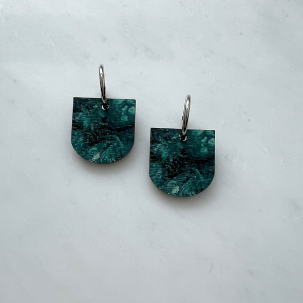 Teal Marble Arc Hoop Earrings - Silver Hoops