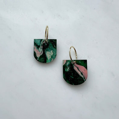 Green & Pink Marble Arc Hoop Earrings - Gold Hoop Design 2