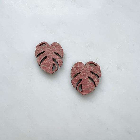 Pink Monstera Stud Earrings
