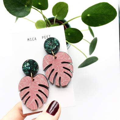 Pink Monstera Leaf Drop Earrings - Limited Edition