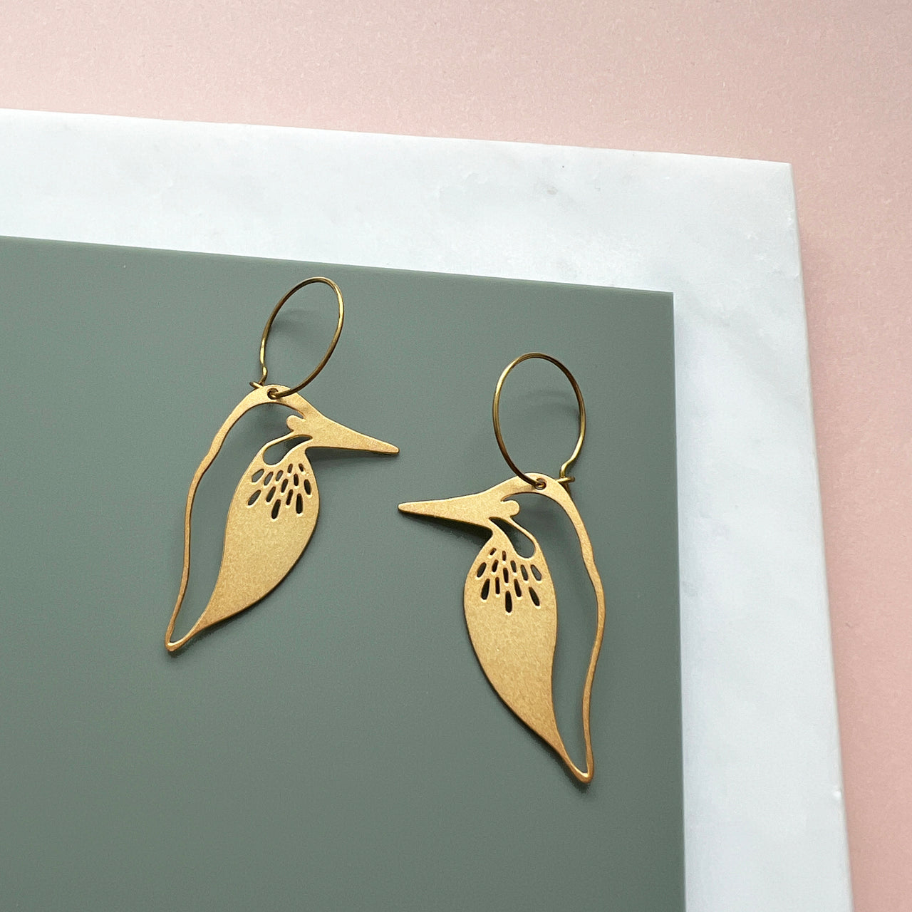 Kingfisher Hoop Earrings - Gold Bird Dangle Earrings