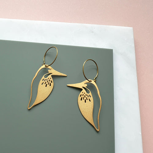 Kingfisher Hoop Earrings - Gold Bird Dangle Earrings