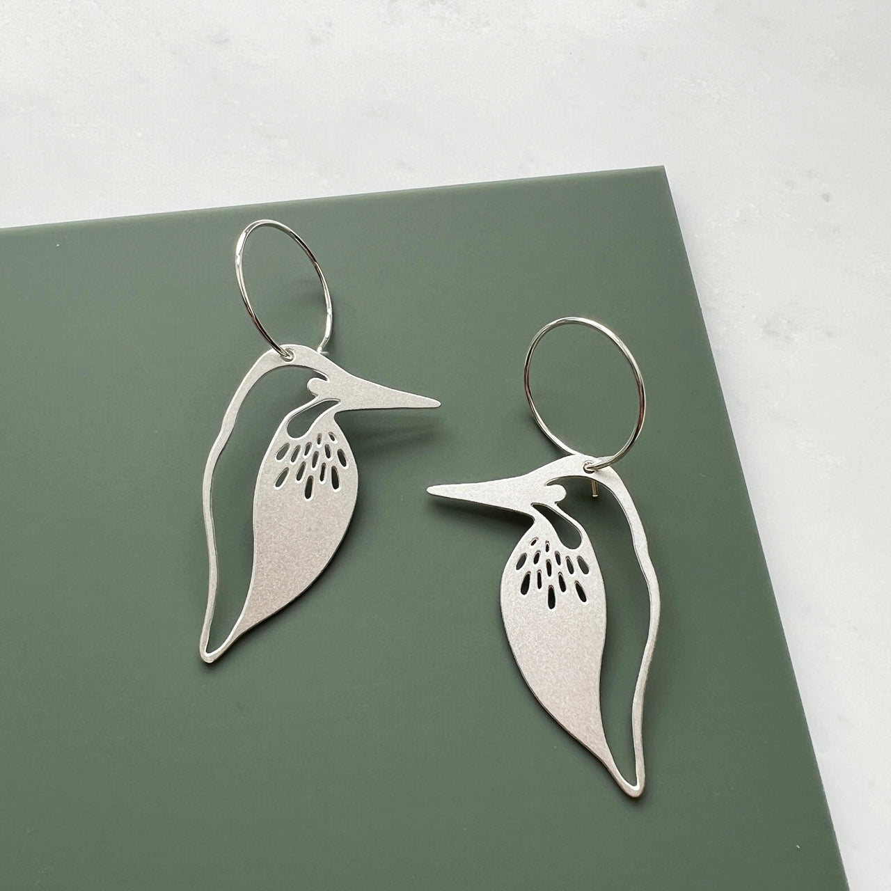 Silver Kingfisher Hoop Earrings - Bird Dangle Earrings