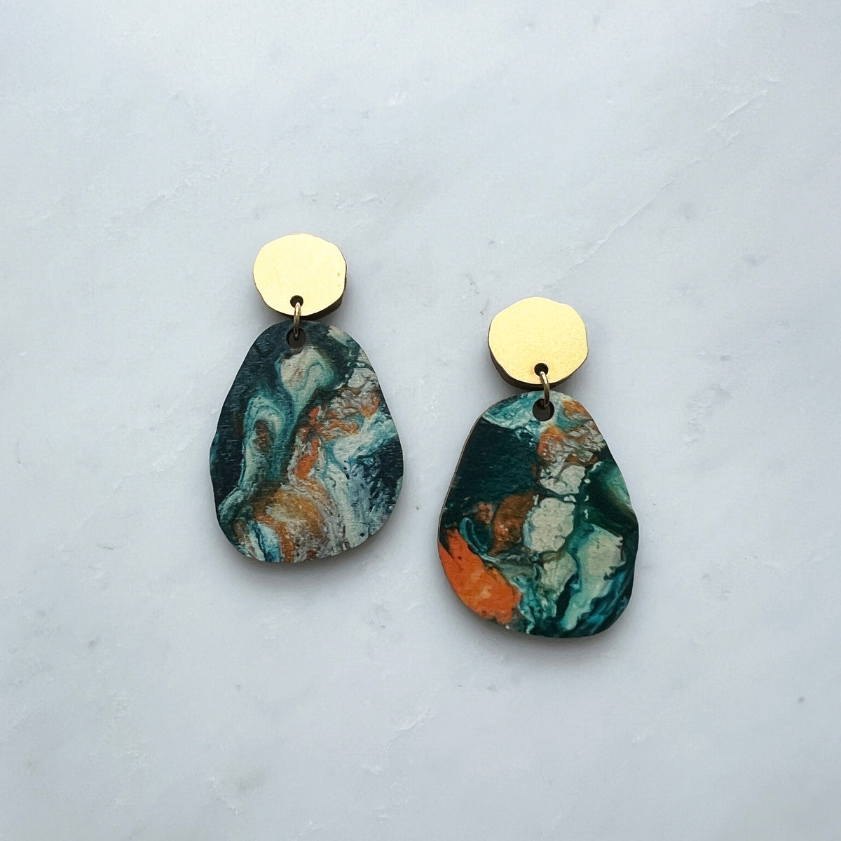 Statement Pebble Dangle Studs - Blue & Orange Drop Earrings