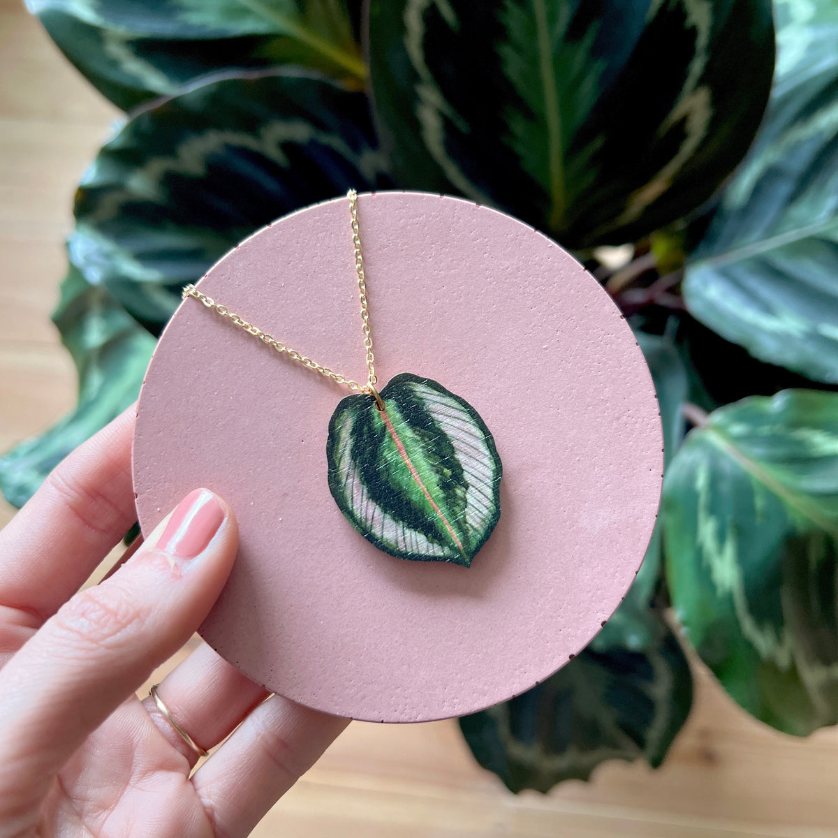 Calathea Medallion House Plant Wooden Necklace Pendant