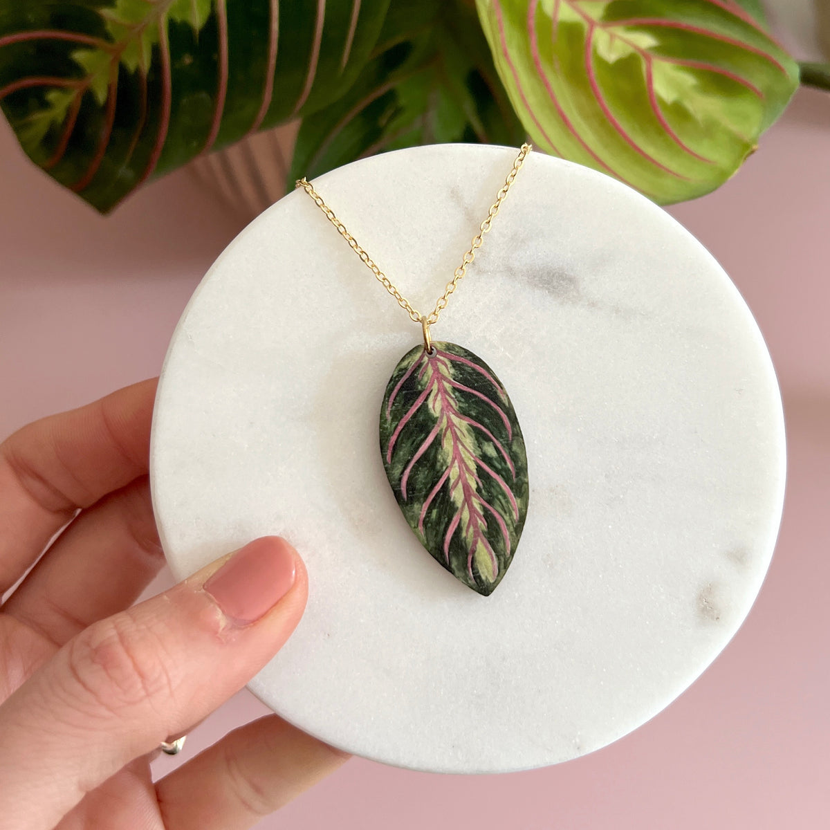Maranta House Plant Wooden Necklace Pendant