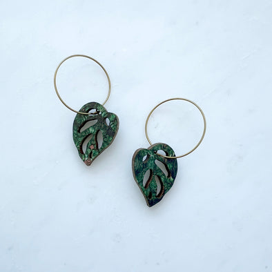 Small Green Monstera Obliqua Plant Hoop Earrings