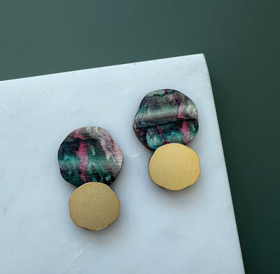 Marble & Gold Circle Studs - Pink