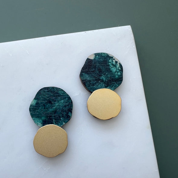 Marble & Gold Circle Studs - Teal