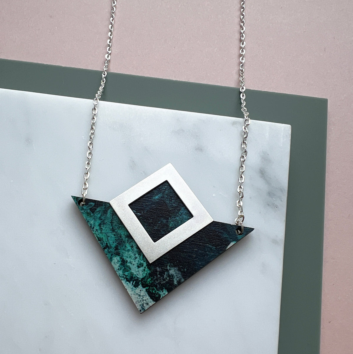Teal & Silver Geometric Triangle Necklace