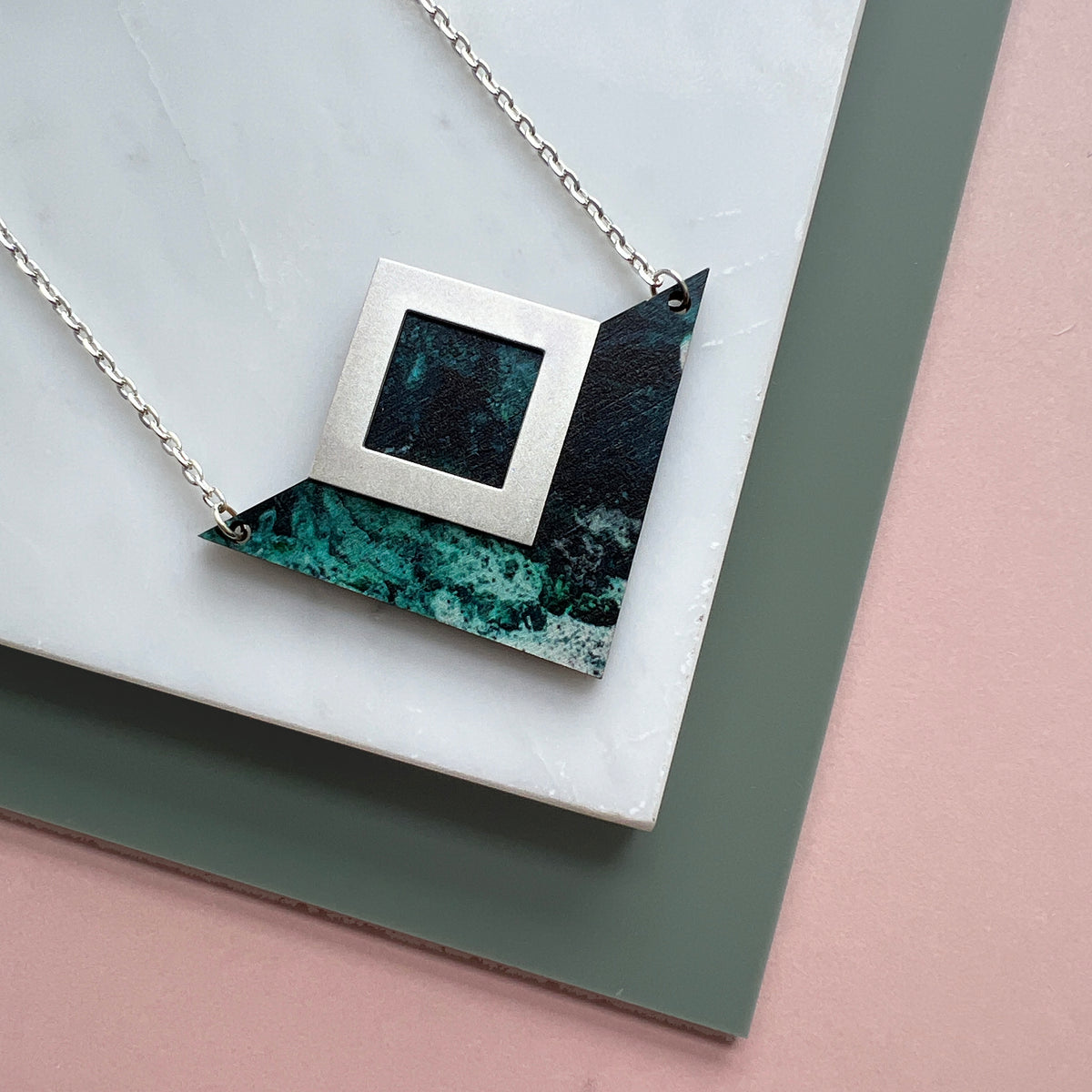 Teal & Silver Geometric Triangle Necklace