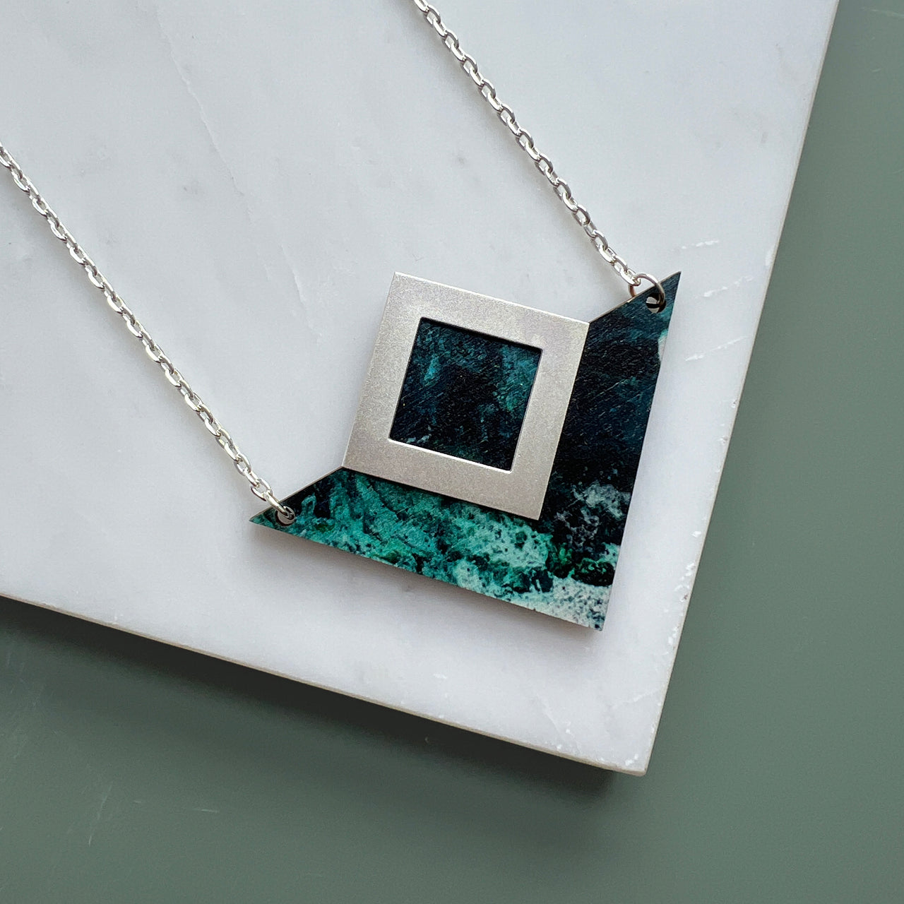 Teal & Silver Geometric Triangle Necklace