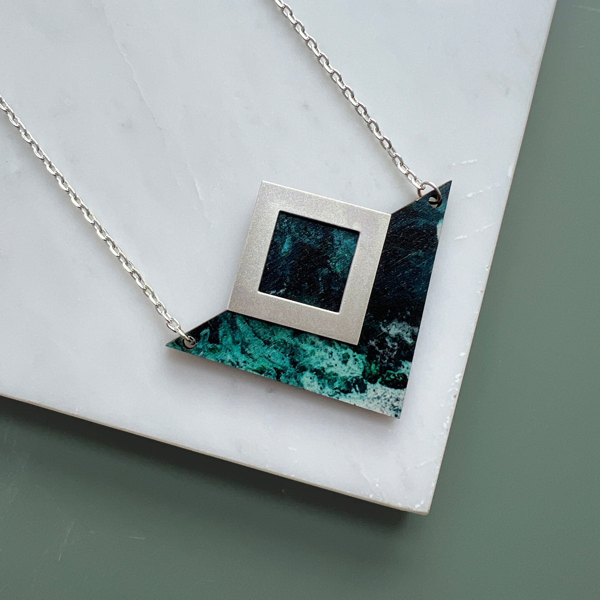 Teal & Silver Geometric Triangle Necklace