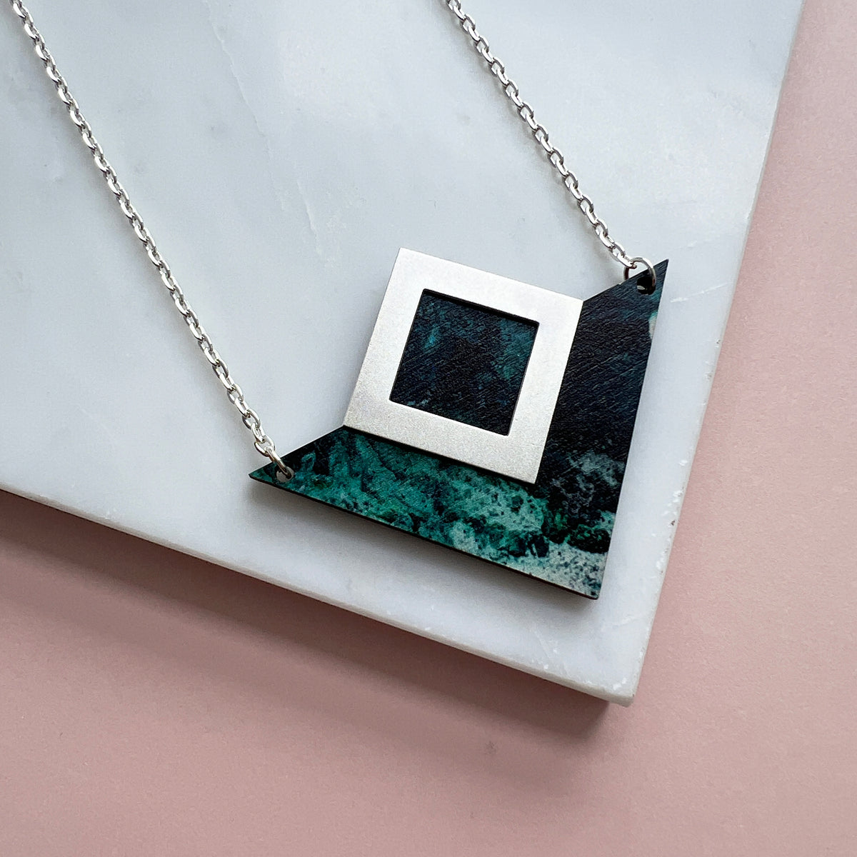 Teal & Silver Geometric Triangle Necklace