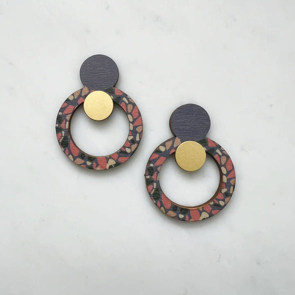 Statement Terrazzo Ring Drop Stud Earrings - Blue & Pink