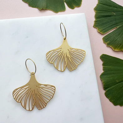 Gold Gingko Leaf Hoop Earrings