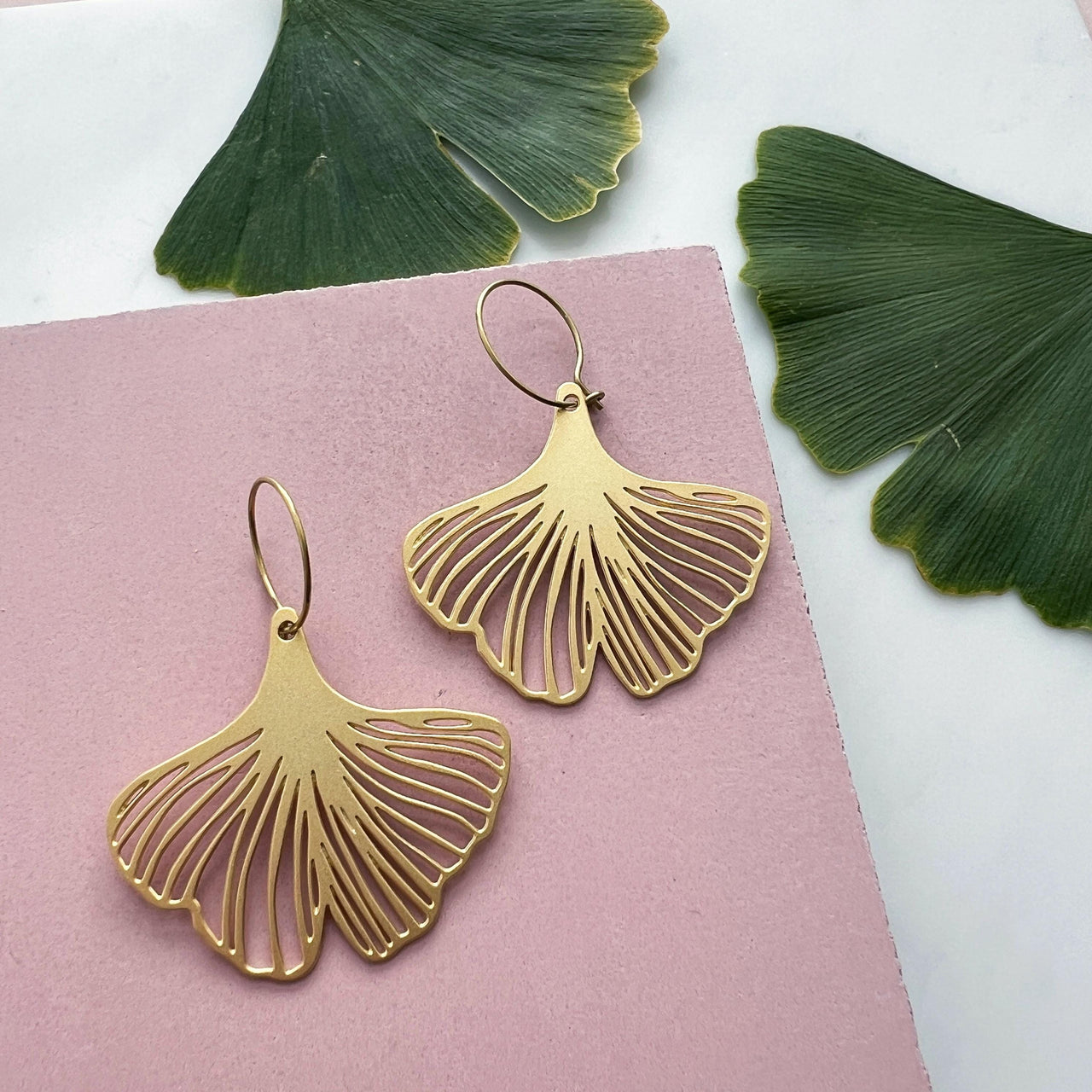 Gold Gingko Leaf Hoop Earrings