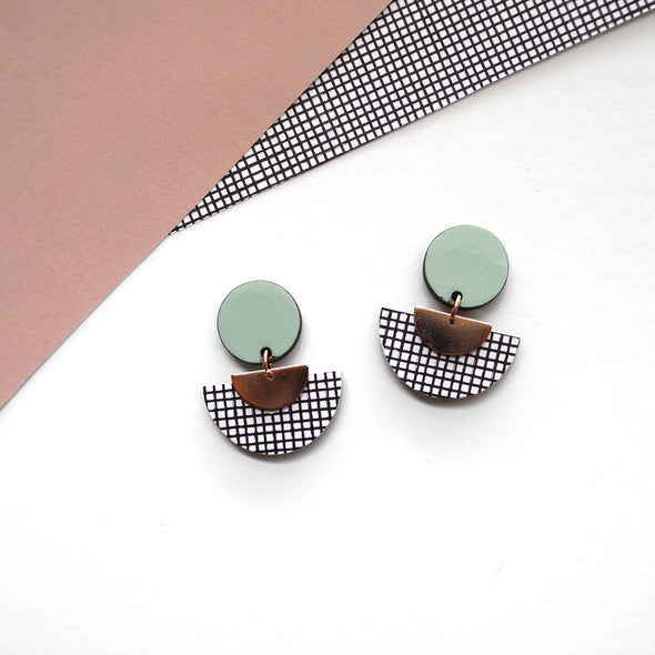 Rose Gold Grid Geometric Drop Earrings - Mint & Black