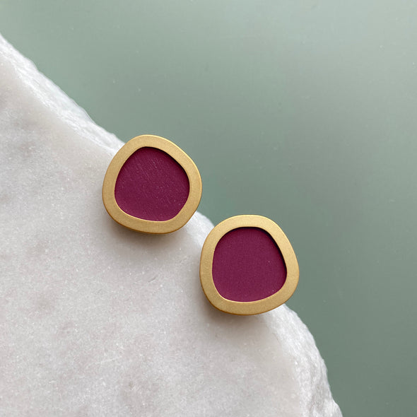 Raspberry Pink & Gold Circle Stud Earrings