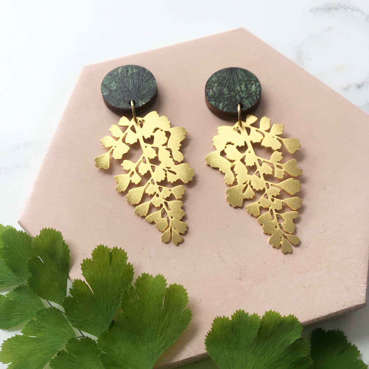 Gold Maidenhair Fern Drop Earrings