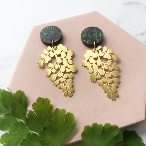 Gold Maidenhair Fern Drop Earrings