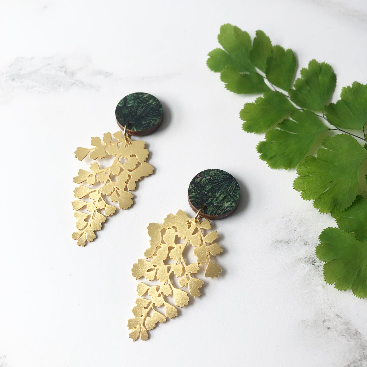 Gold Maidenhair Fern Drop Earrings