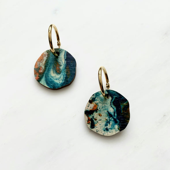 Irregular Circle Hoop Earrings - Teal & Orange Marble Hoops