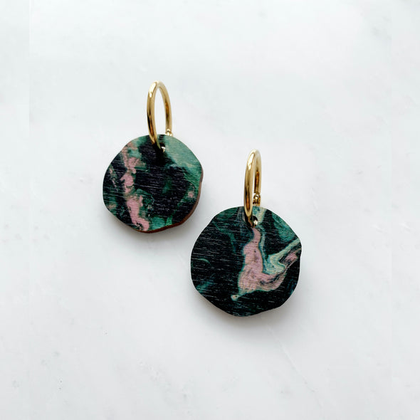 Disc Hoop Earrings - Pink & Green Marble Hoops