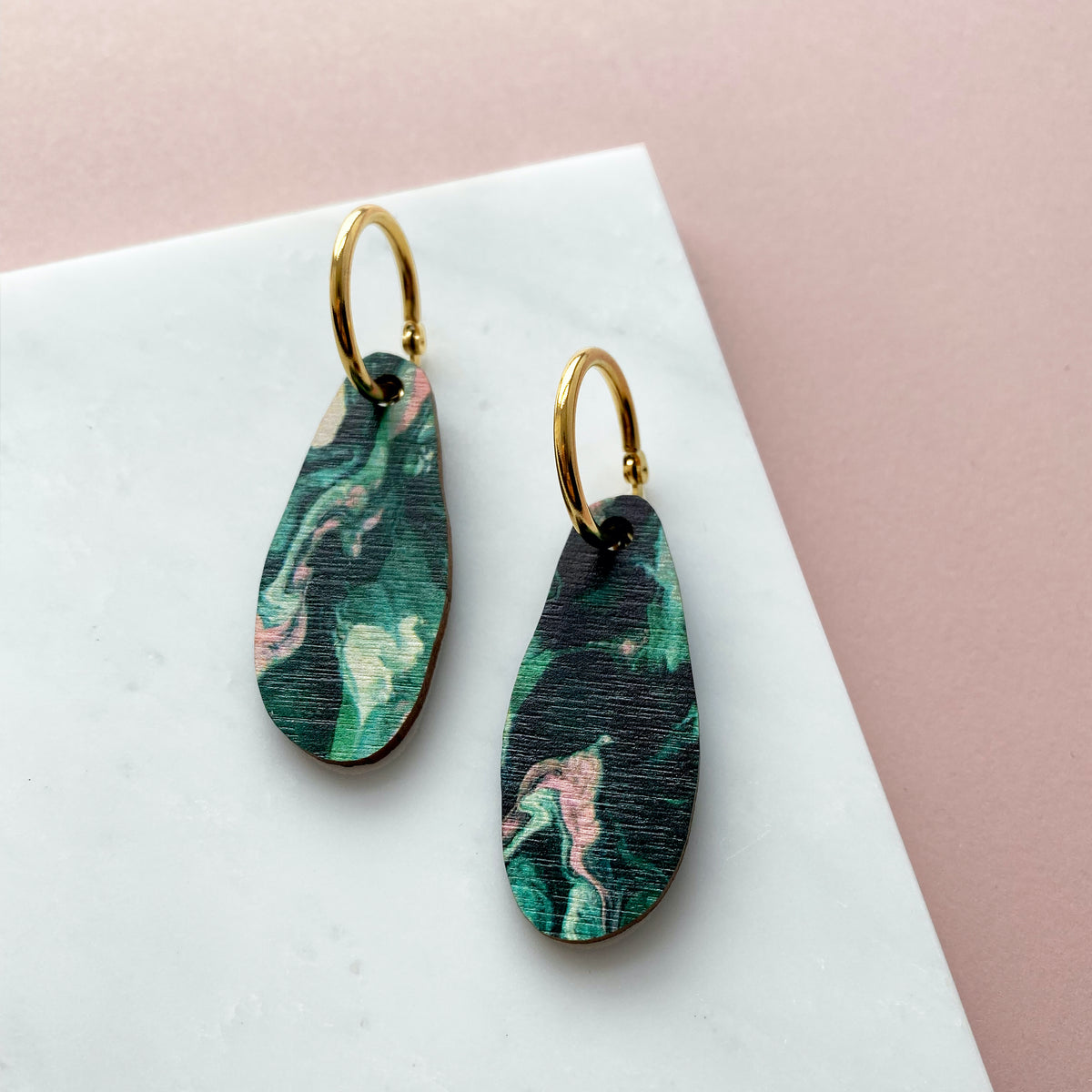 Green & Pink Marble Irregular Hoop Earrings