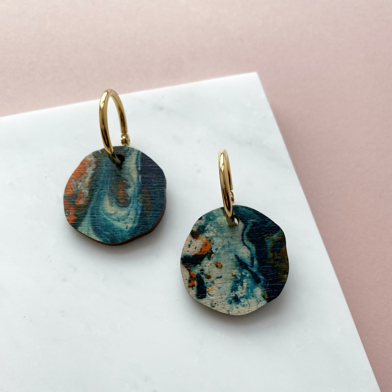 Irregular Circle Hoop Earrings - Teal & Orange Marble Hoops