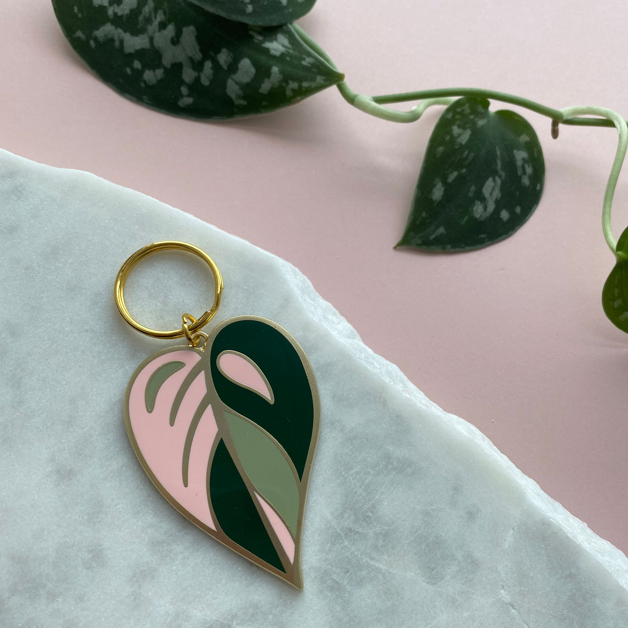 Pink Leaf Enamel Keyring