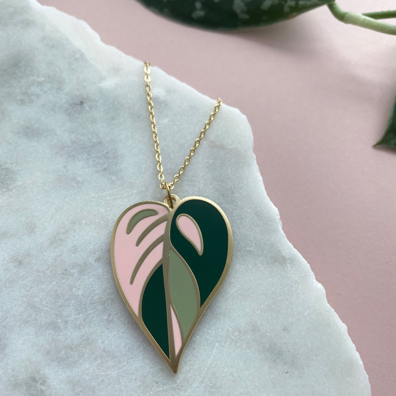 Pink Leaf Enamel Necklace - Pink Princess Philodendron Pendant