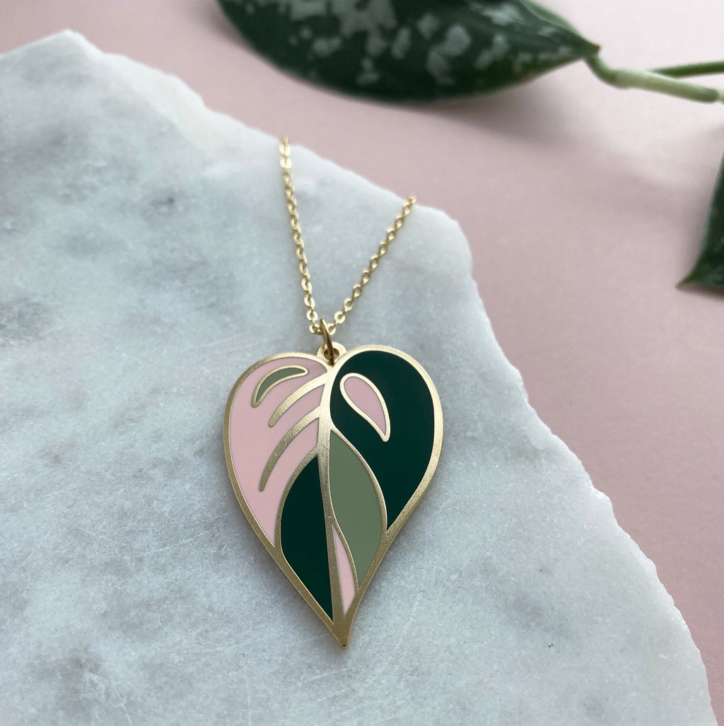 Pink Leaf Enamel Necklace - Pink Princess Philodendron Pendant