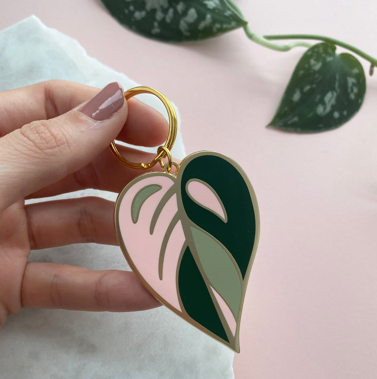 Pink Leaf Enamel Keyring