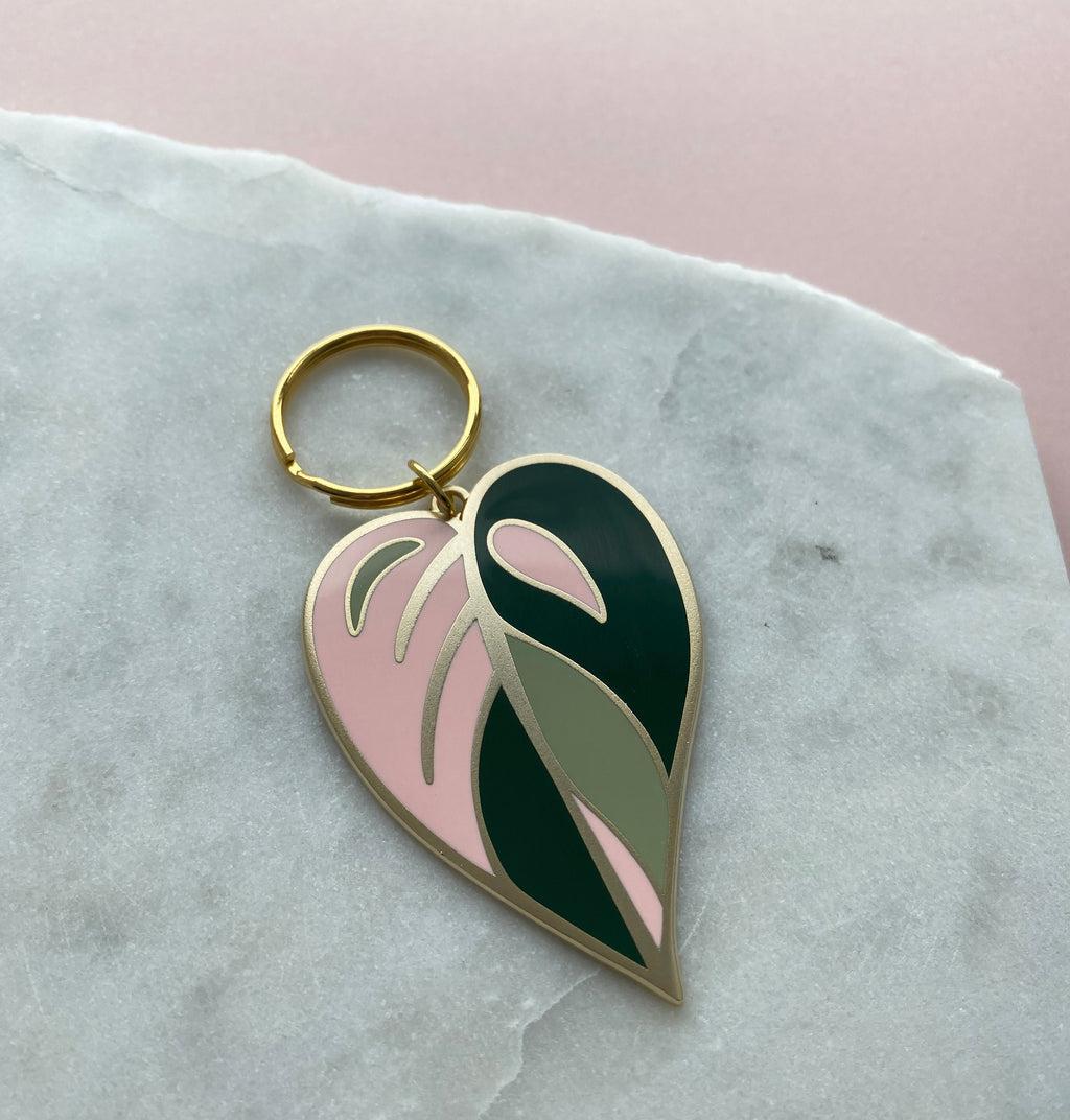 Pink Leaf Enamel Keyring